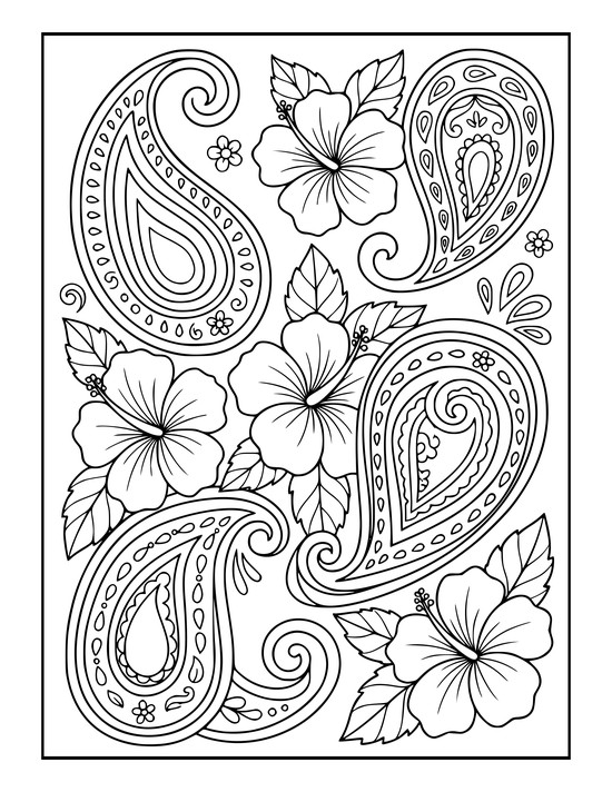 Paisley teardrops blended with three hibiscus blooms and leaves and beaded seams, coloring page