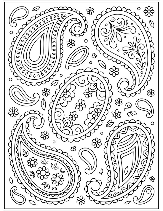 Big and small paisley teardrops with layered echo bands and floret clusters and dots, coloring sheet