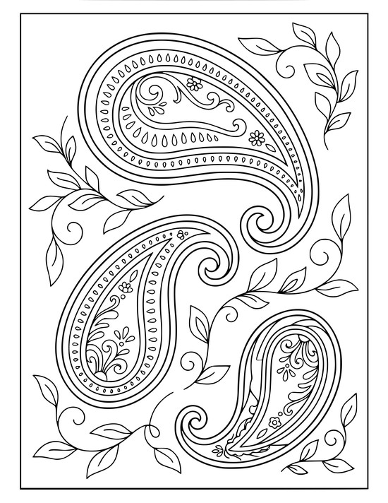 Three graduated paisley teardrops with nested bands and clusters of teardrops and dots, coloring page