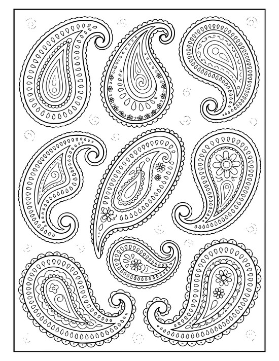 Paisley teardrops arranged in a loose diamond grid with scalloped dotted seams, coloring page