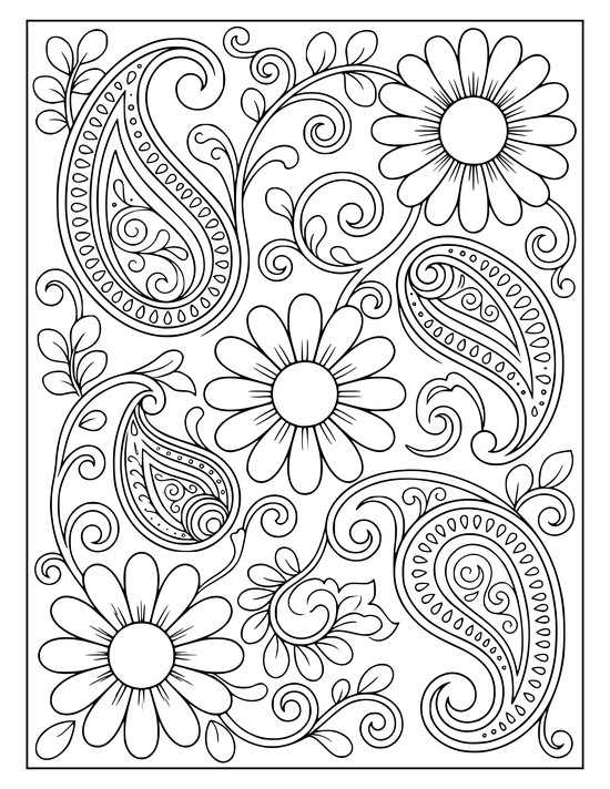 Large paisley teardrops mixed with open daisies and rounded leaves on curling vines, coloring page