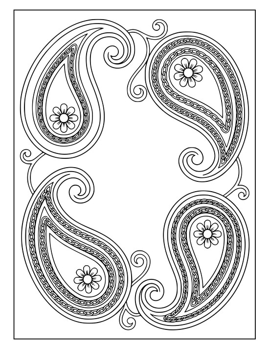 paisley coloring pages with four teardrops arranged in a pinwheel with chain link bands and curling vines, coloring page