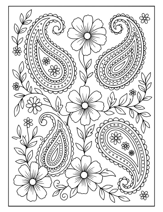 Paisley teardrops woven with open cosmos flowers and leafy vines and scalloped edges, coloring page