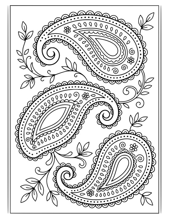 Three stacked paisley teardrops with double scalloped edges and rows of small dots, coloring sheet