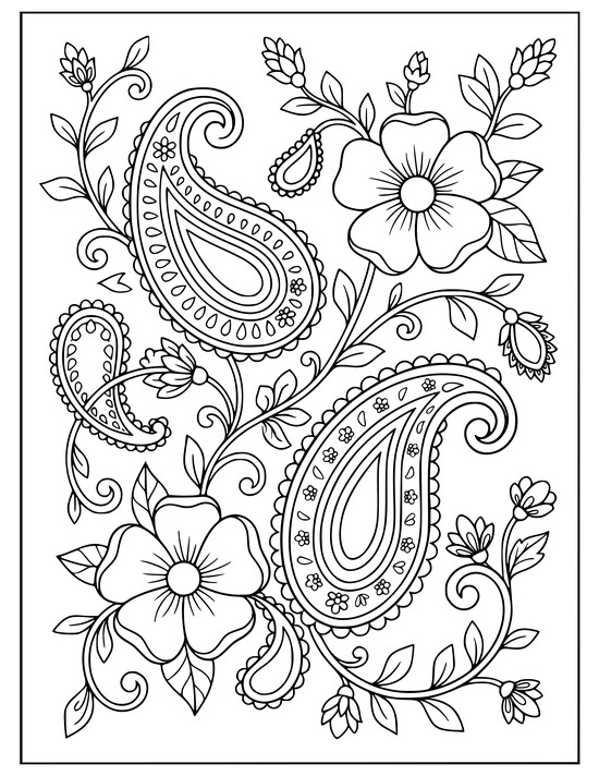 Paisley teardrops with two large wild roses and small buds on curling vines, coloring page