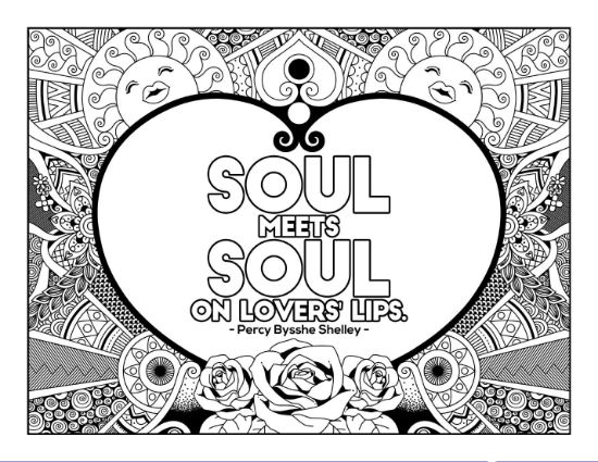 A heart-shaped quote "Soul Meets Soul" surrounded by suns, flowers, and patterns coloring page.
