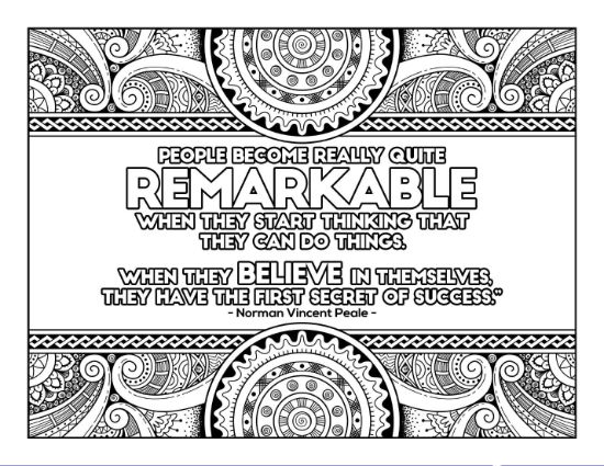Inspirational quote coloring page with intricate mandala-like borders at the top and bottom. coloring page