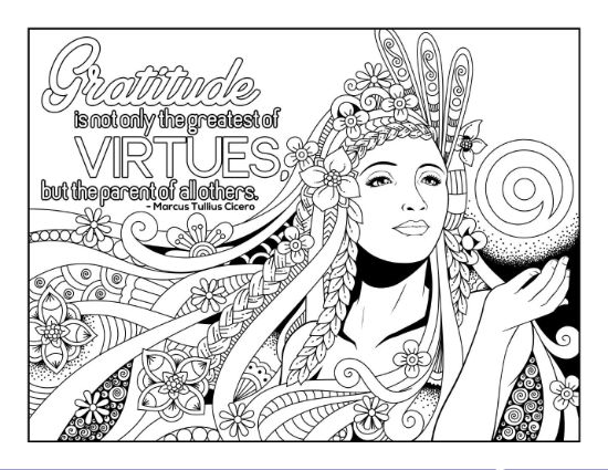 A woman with flowing, embellished hair beside a gratitude quote coloring page.