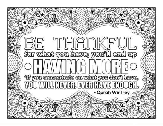Inspirational quote "BE THANKFUL" within a decorative floral and doodle border coloring page.