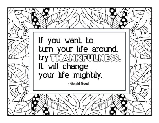 Inspirational quote with ornate leaf patterns and dot accents coloring page.