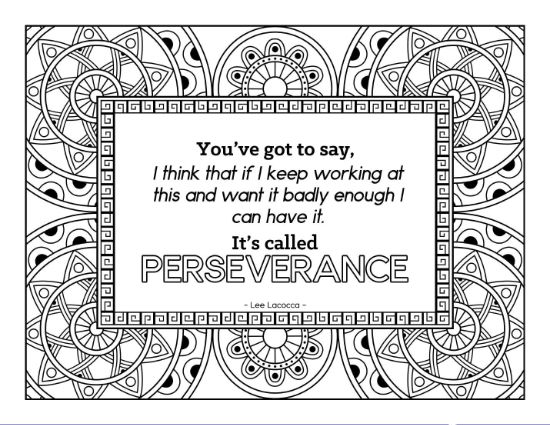 Inspirational quote coloring page with "PERSEVERANCE" in a decorative mandala frame, coloring page.