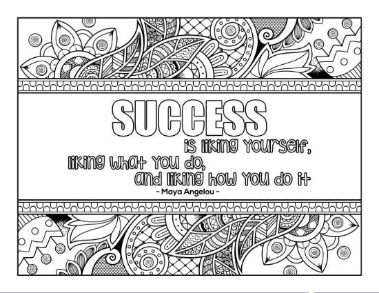 Inspirational quote "SUCCESS" with Maya Angelou, surrounded by detailed floral patterns, coloring page.