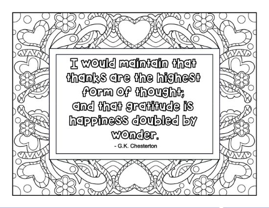 G.K. Chesterton quote on gratitude, framed by ornate hearts and flowers, coloring page.