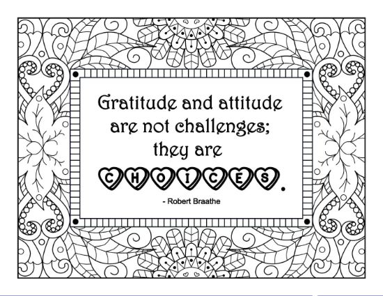 Quote coloring page with inspiring text and elegant floral border coloring page