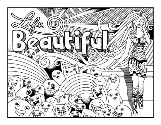 "Life is Beautiful" lettering with a woman doodle and happy monsters, coloring page.