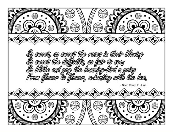 Poetic quote with floral mandalas and decorative borders coloring page