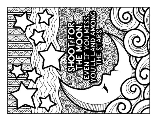 Moon and stars coloring page with inspirational quote and swirling patterns coloring page.