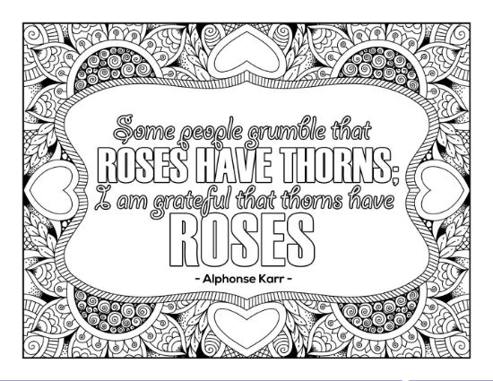 Alphonse Karr quote about roses and thorns with heart-mandala frame, coloring page.