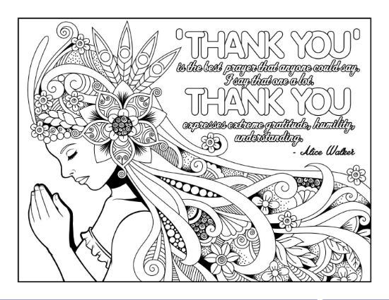 Woman in profile with hands in prayer and floral ornate hair coloring page.