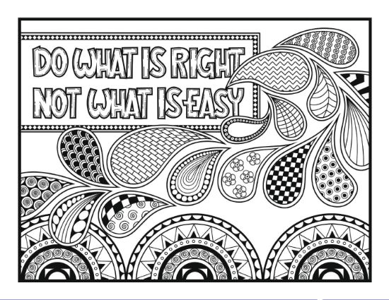 Inspirational coloring page with quote and intricate tear-drop patterned swirls coloring sheet.