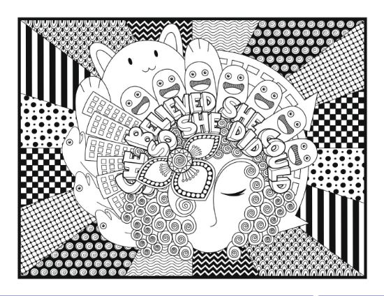 A woman's profile with "SHE BELIEVED SHE COULD" quote and diverse patterns coloring page.
