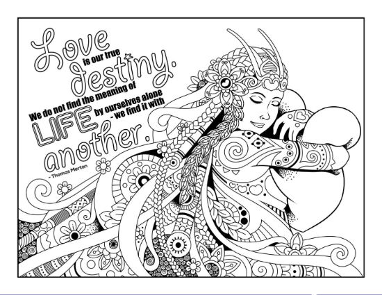 Beautiful woman embracing a heart illustration with an inspirational quote, coloring page.