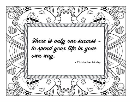 Quote about success with crayons, hearts, and stars coloring page.