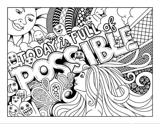 A whimsical doodle art page with "TODAY IS FULL OF POSSIBLE" and a woman, coloring page.