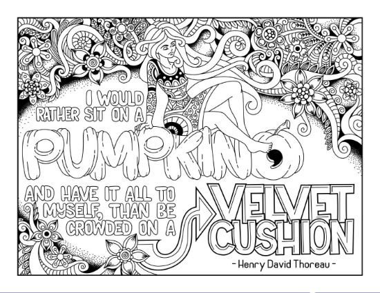 A woman with flowing hair reclines on a pumpkin with an inspirational quote coloring page.