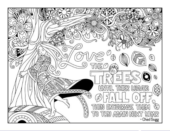 A woman with flowing hair under a tree with floral patterns and text, coloring page.