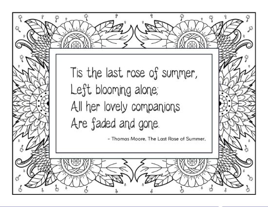 Floral border with sunflowers and text from Thomas Moore coloring page.