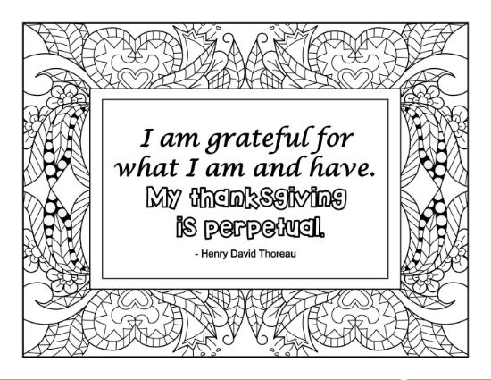 Quote "I am grateful" with intricate floral and heart border coloring page.