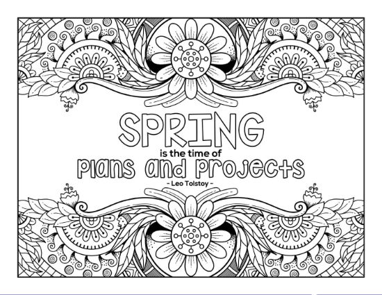 Spring quote with flowery mandala-style borders adult coloring page