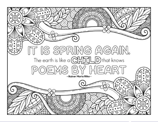 Inspirational quote "IT IS SPRING AGAIN" with ornate floral borders coloring page.
