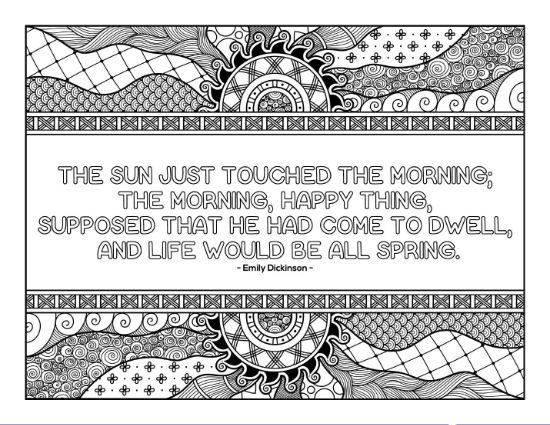 Emily Dickinson quote surrounded by intricate sun and wave patterns coloring page.