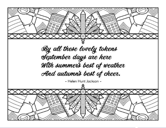 A coloring page with a Helen Hunt Jackson quote framed by school supplies, coloring sheet.