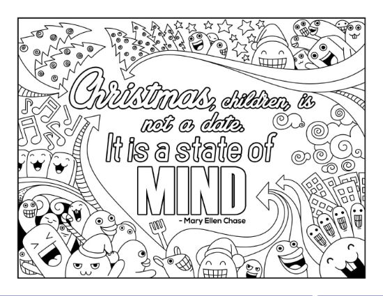Christmas quote with doodle characters and festive elements coloring page.