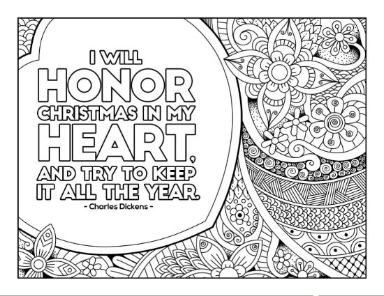 Christmas quote with Charles Dickens attribution and intricate floral patterns coloring page.