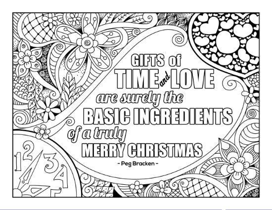 Christmas quote with hearts, flowers, and clocks in a decorative coloring page.