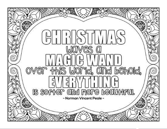 Christmas magic quote in an intricate floral border coloring page.