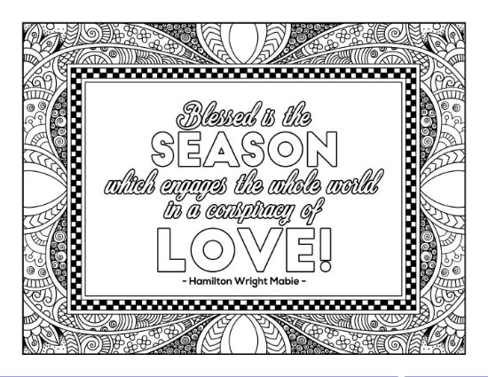 Inspirational quote in an ornate border with a checkerboard accent coloring page.