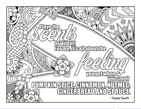 Winter scents quote surrounded by a detailed floral and geometric design coloring page.