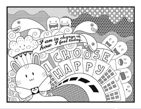 Happy bunny and cupcake with decorative patterns and "Choose Happy" text coloring page.