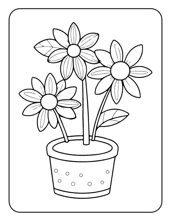 Three sunny daisies with thin leaves rising from a dotted pot on a coloring sheet