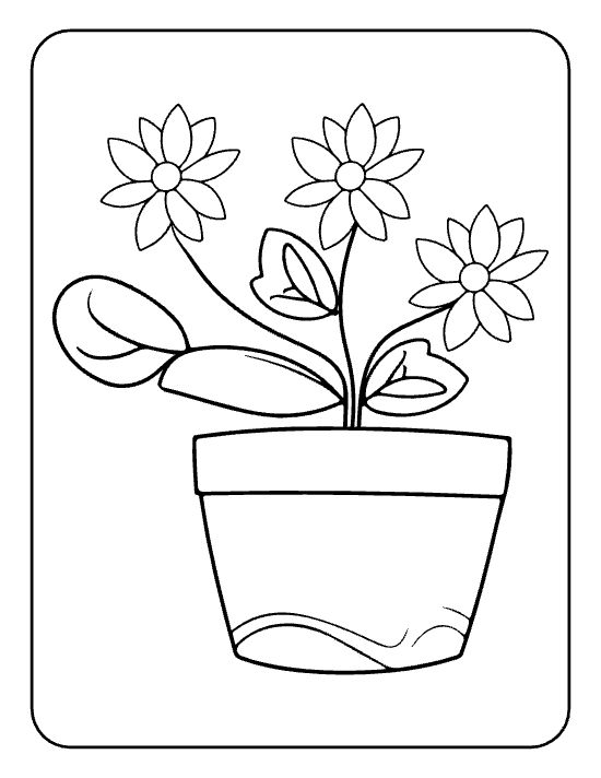 Three little daisies with one leaf in a rimmed terracotta pot drawn bold and easy