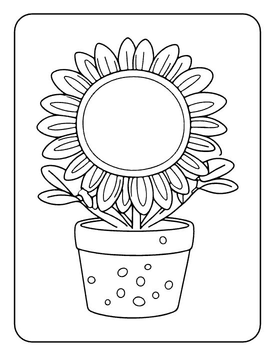 Large sunflower with an open round center and small leaves in a dotted pot on a coloring page