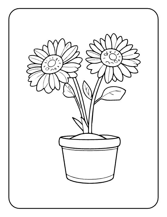 Two cheerful sunflowers with leaves and stems sitting in a round pot on a coloring page