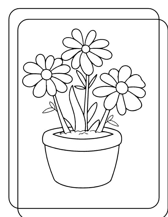 Three simple daisies with skinny leaves in a layered round pot drawn bold and easy