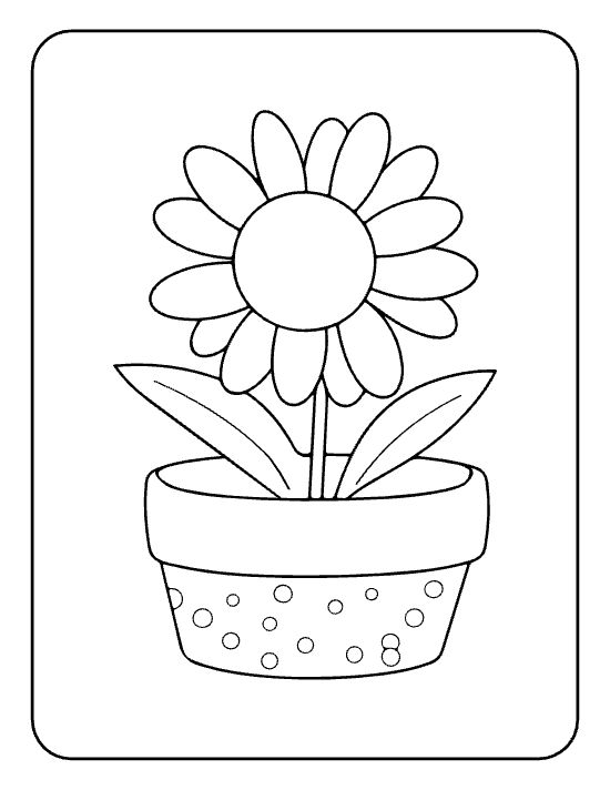 One big daisy with a round center and two side leaves in a dotted pot drawn bold and easy