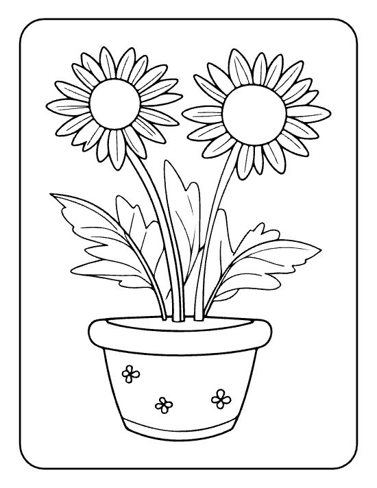 Two layered daisies with leaves rising from a flower dotted pot on a flower coloring page